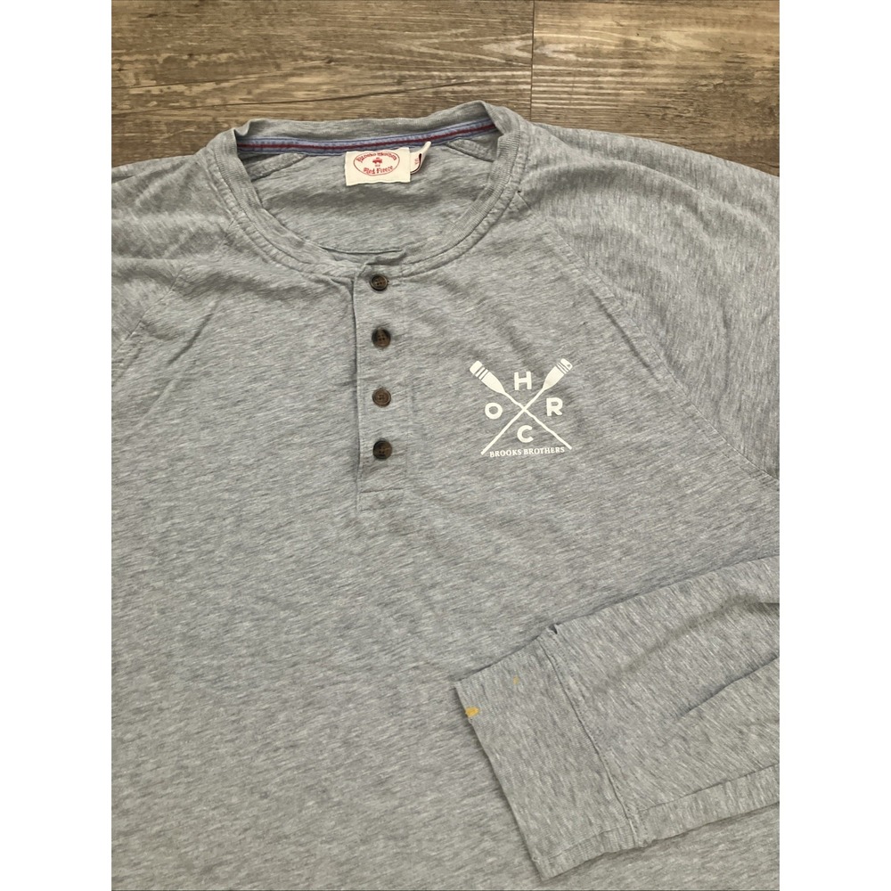 Brooks Brothers Mens Long Sleeve Cotton T-Shirt Grey Red Fleece XXL Read Hole